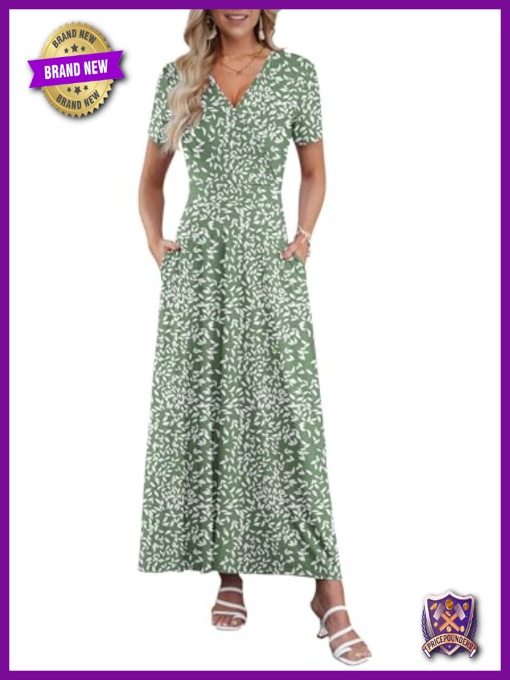 Maxi Dress Floral Wrap V-Neck Ankle Length Long Flowy Dress with Pockets